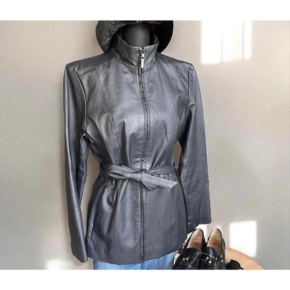 Colebrook & Co Genuine Leather Belted Jacket Black Zip Moto Chic M